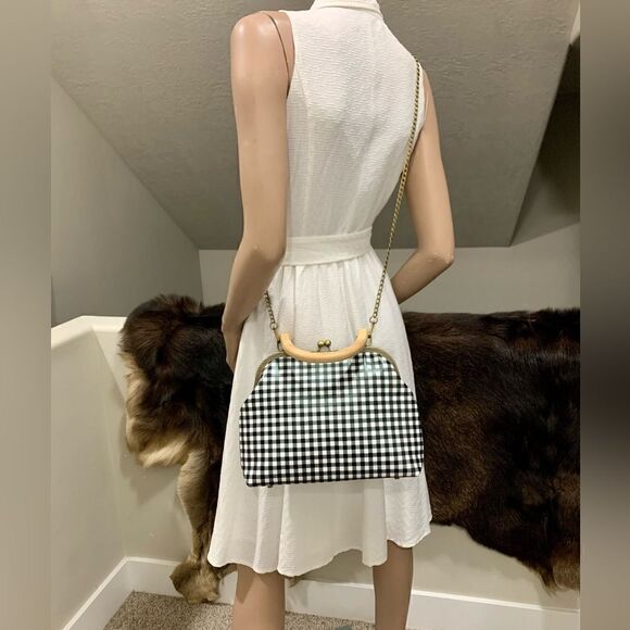 Handmade Genuine Leather Black & White Check Printed Wood Handle Satchel Bag - Picture 6 of 15